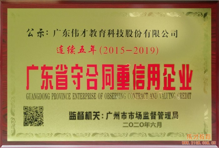 偉才教育連續(xù)五年榮獲“廣東省守合同重信用企業(yè)”榮譽稱號！